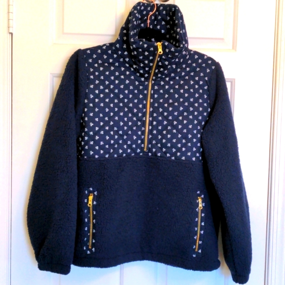 J. Crew Navy Teddy Jacket with White Microprint and Yellow Zippers